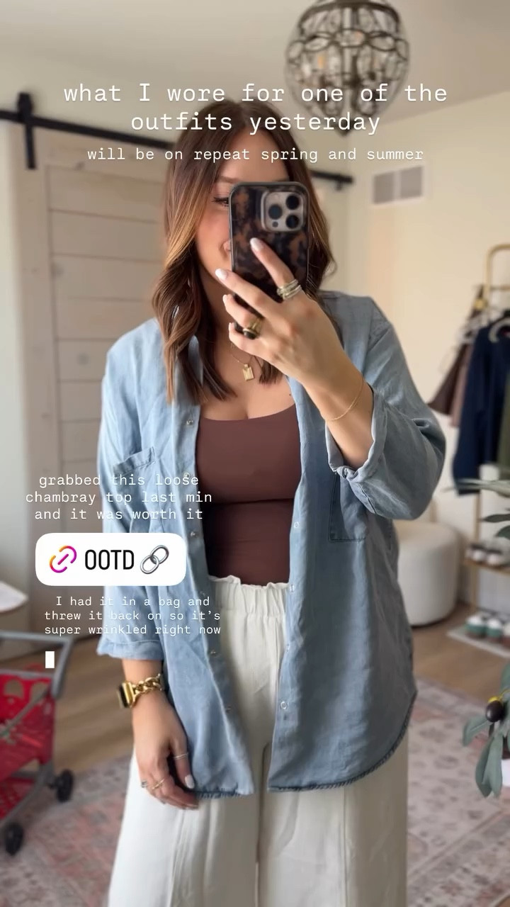 Mom uniform for spring and summer - wearing true size large in the chambray top and pants / tank is an xl

#LTKMidsize #LTKSeasonal #LTKootd