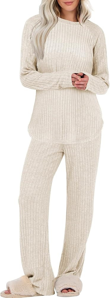 ANRABESS Womens 2 Piece Lounge Pajama Sets Ribbed Knit Long Sleeve Tunic Tops Matching Pants Casu... | Amazon (US)