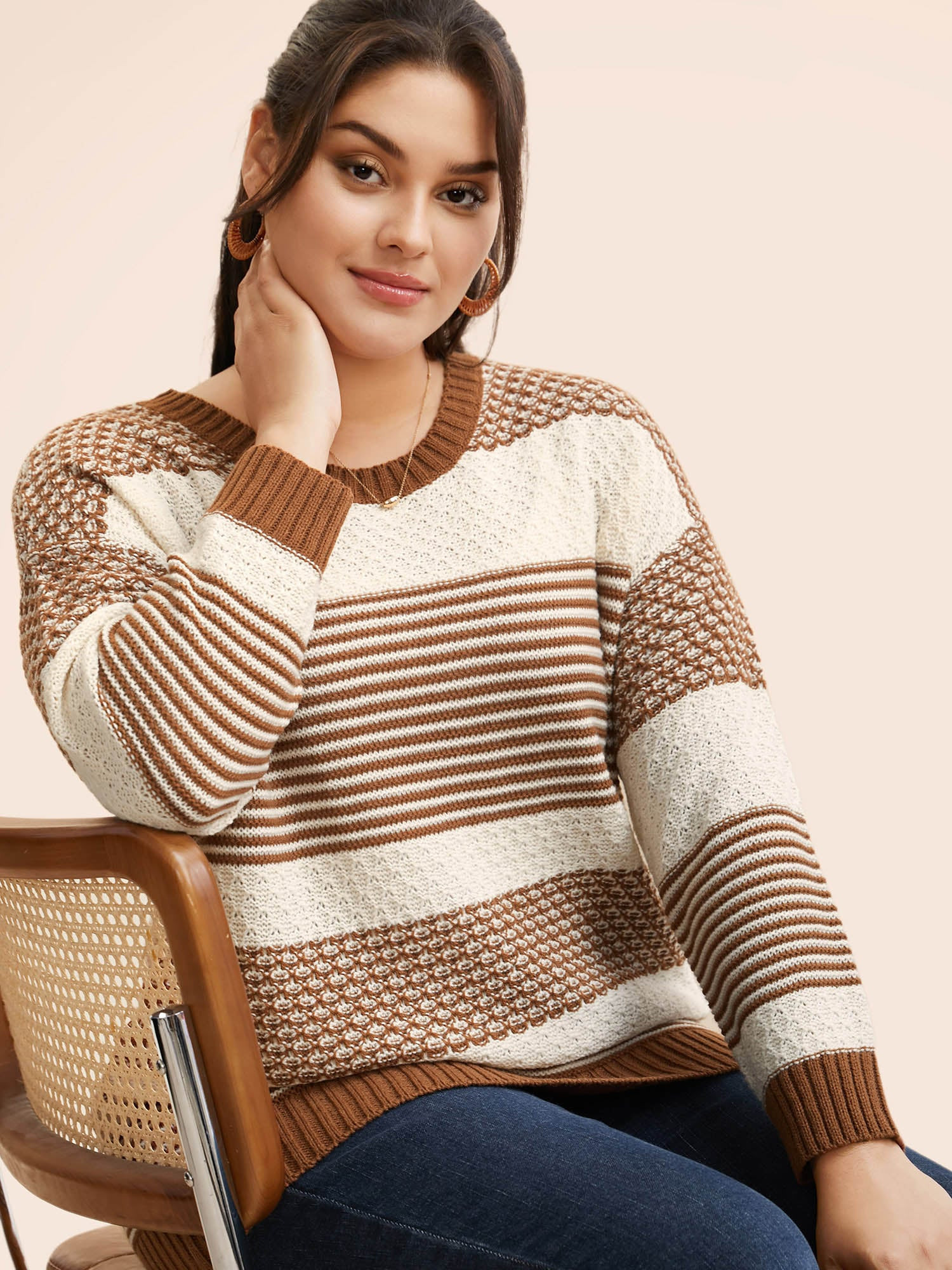 Round Neck Striped Patchwork Texture Pullover | Bloomchic