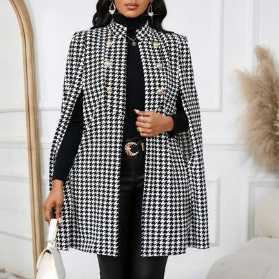 Houndstooth Women's Regular Coat Cape Style Coat Metal Buckle Design Women's Coat Winter Women Clothes Trench Women Coat | SHEIN