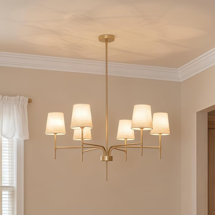 Champagne Gold Chandeliers for Dining Room, 34" 6-Light Antique Brass Living Room Chandelier Light Fixture with White Fabric Shades, Large Modern Classic Kitchen Chandeliers over Table Bedroom Foyer | Amazon (US)