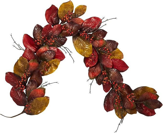 Nearly Natural 6ft. Autumn Magnolia Leaf with Berries Artificial Garland | Amazon (US)