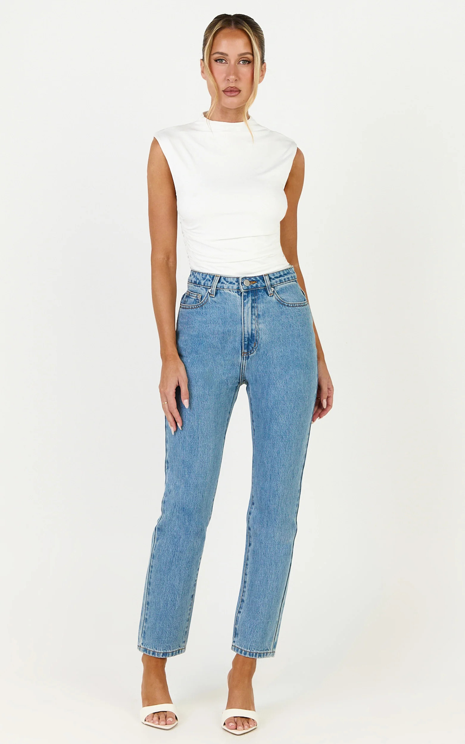 Billie Jeans - High Waisted Recycled Cotton Mom Denim Jeans in Light Mid Blue | Showpo (US, UK & Europe)