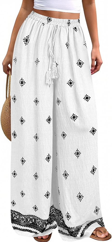 PRETTYGARDEN Women's Wide Leg Palazzo Pants 2026 Summer Boho Floral Trousers Spring Flowy Beach V... | Amazon (US)