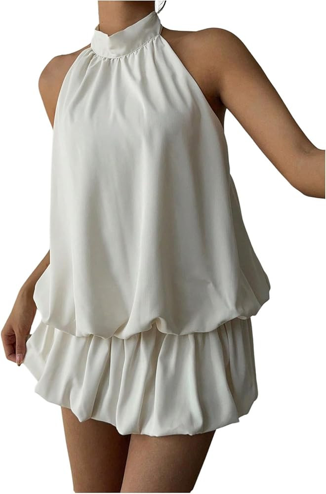 SweatyRocks Women's Y2k Backless Ruffle Bubble Going Out Self Tie Halter Mini Dress | Amazon (US)