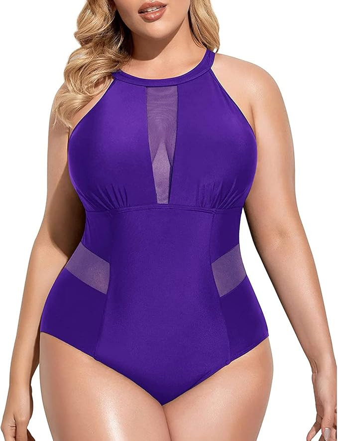 Daci Plus Size One Piece Swimsuit for Women High Neck Plunge Mesh Cut Out Bathing Suits | Amazon (US)