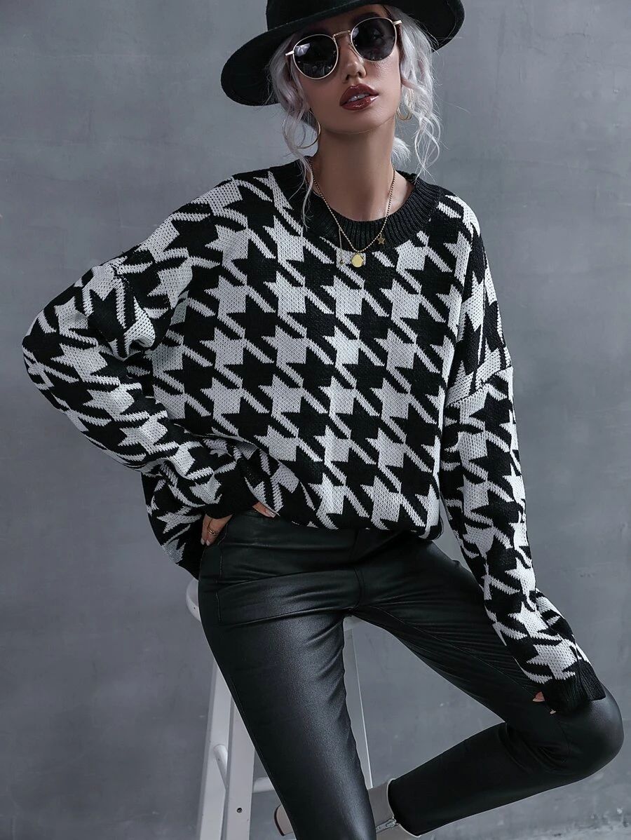 Houndstooth Pattern Drop Shoulder Sweater | SHEIN