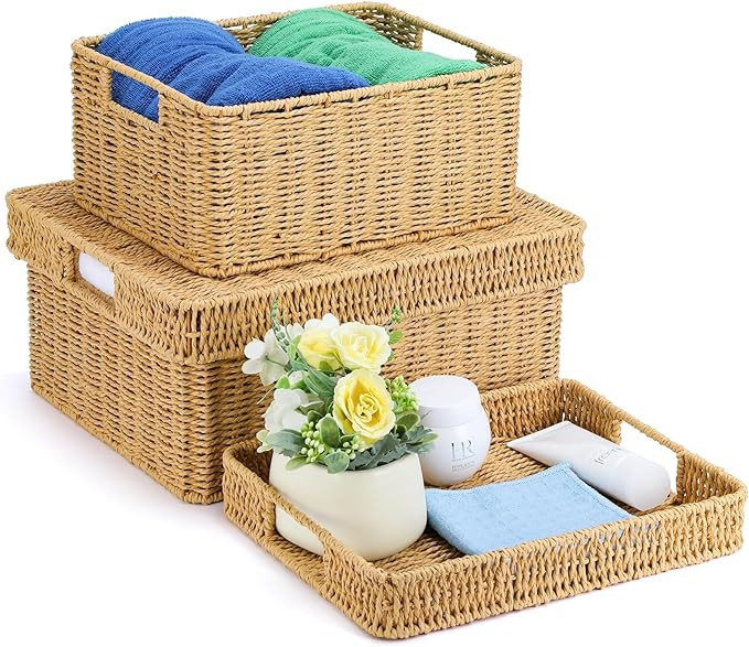 Large Woven Storage Basket with Lid-Round Paper Rope Storage Baskets for Shelves, Pantry, Office,... | Amazon (US)