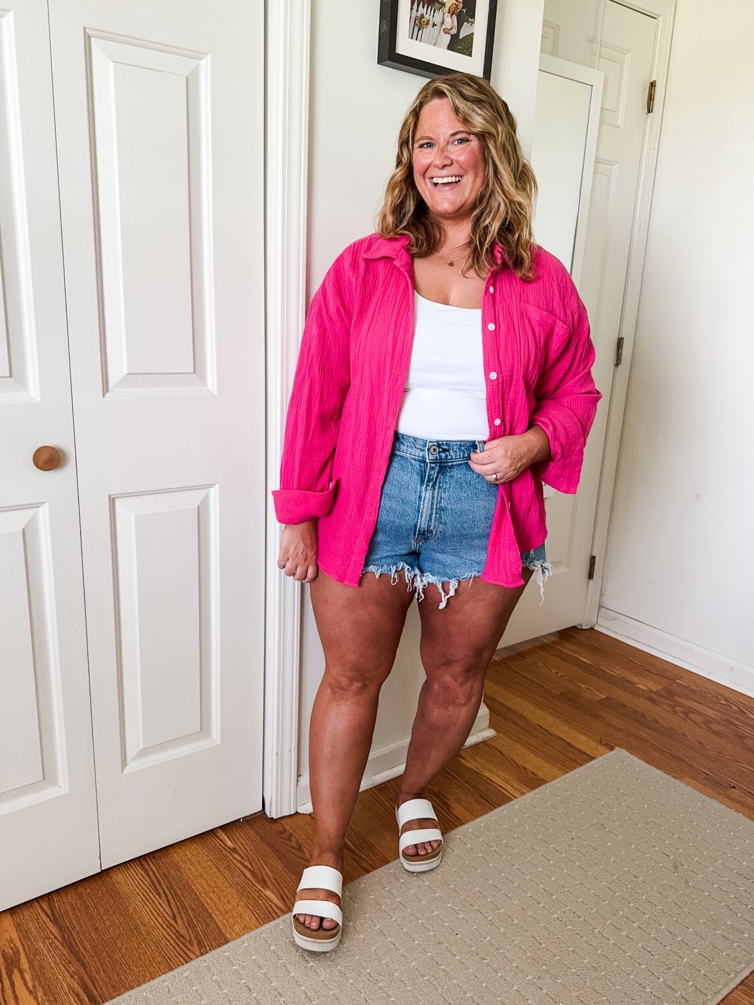 My pink button down is older and sold out so I linked similar.  Denim shorts are a 33 (size up!) and tank is a large. 

#LTKSeasonal #LTKMidsize #LTKFindsUnder50