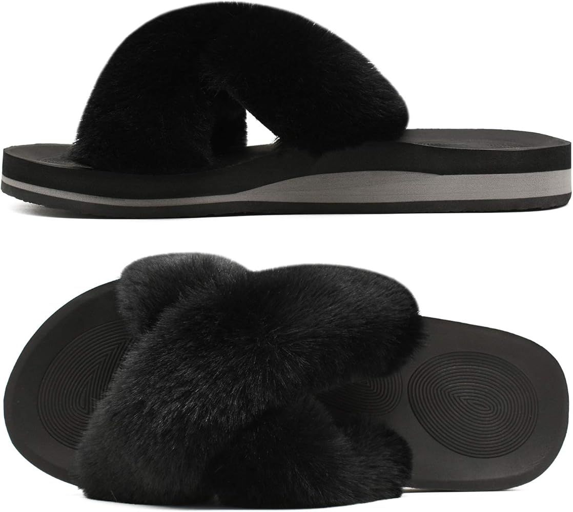 COFACE Womens Fuzzy Slides Fluffy Faux Fur Cross Slippers Open Toe Yoga Mat House Slippers Sandal... | Amazon (US)