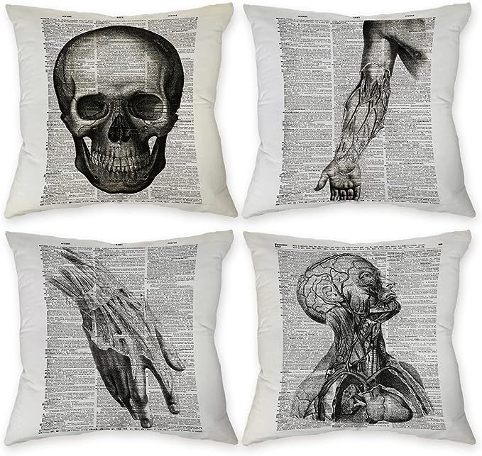 Vintage Mid-Century Medicine Anatomy Skull Newspaper Pattern Pillow Case,Decorate Home Living Roo... | Amazon (US)
