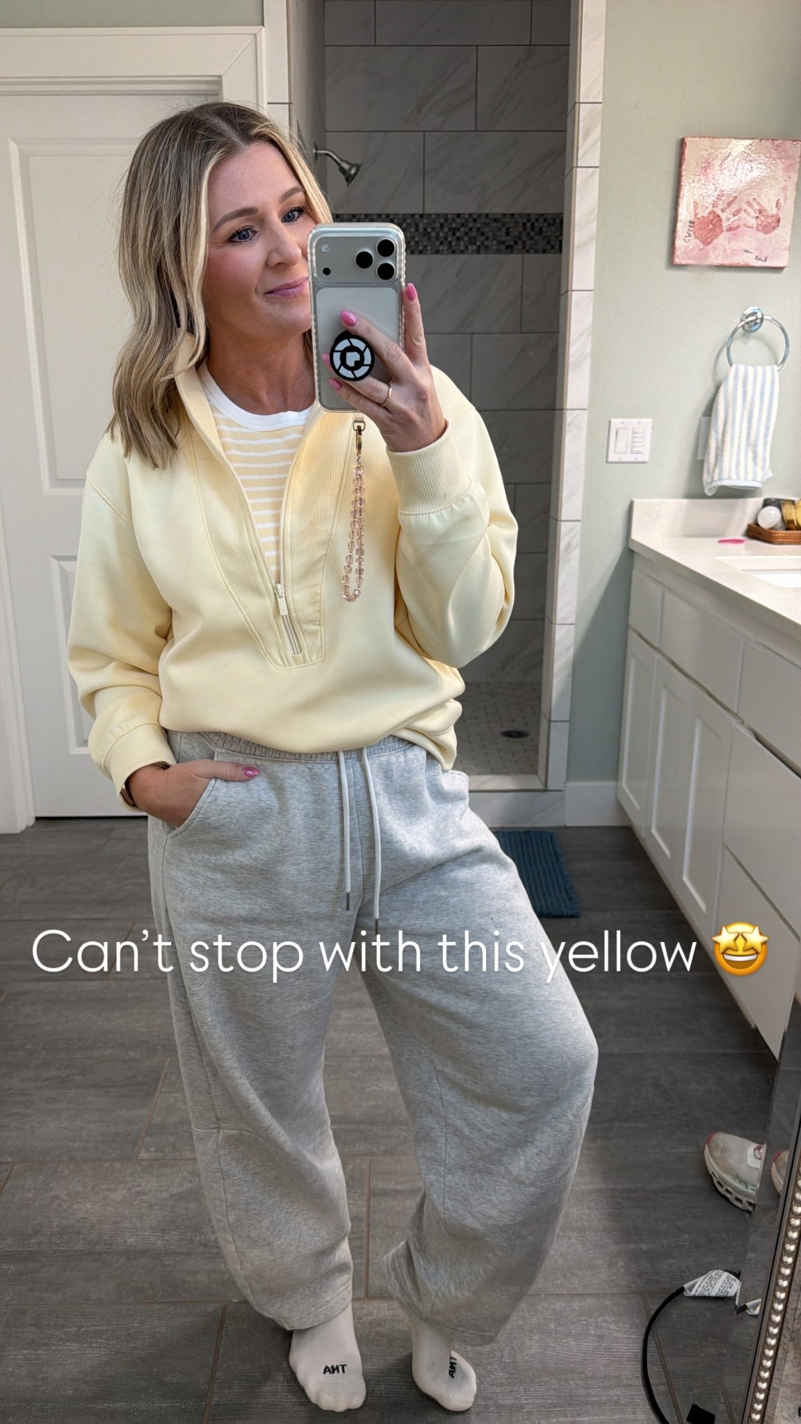Comfy cozy in butter yellow and barrel sweats. 

Wearing a small in the sweats and sweatshirt. Medium in the work out tank. 



#LTKootd #LTKActive #LTKOver40
