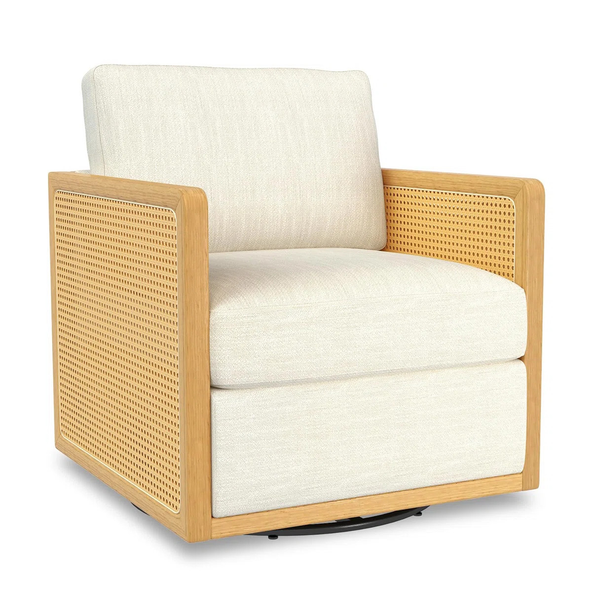 Bayou Breeze Upholstered Barrel Curved Ivory Arm Chair With Meatl Base & Rattan Handrail | Wayfair North America