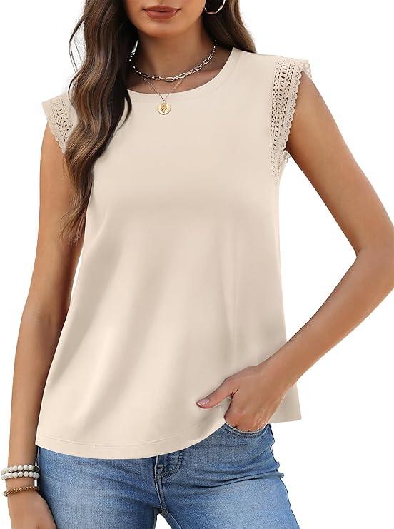 Crochet Trim Cap Sleeve Tops for Women Lace Top Dressy Casual Summer Loose Fit Tank 2026 | Amazon (US)