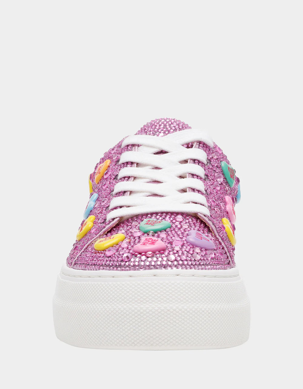 SIDNY PINK MULTI HEARTS Women's Rhinestone Candy Heart Sneaker | Betsey Johnson