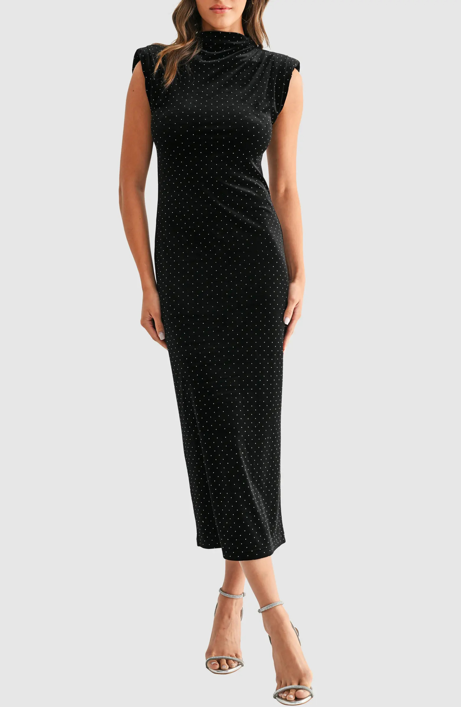 Rhinestone Padded Shoulder Velvet Cocktail Dress | Nordstrom