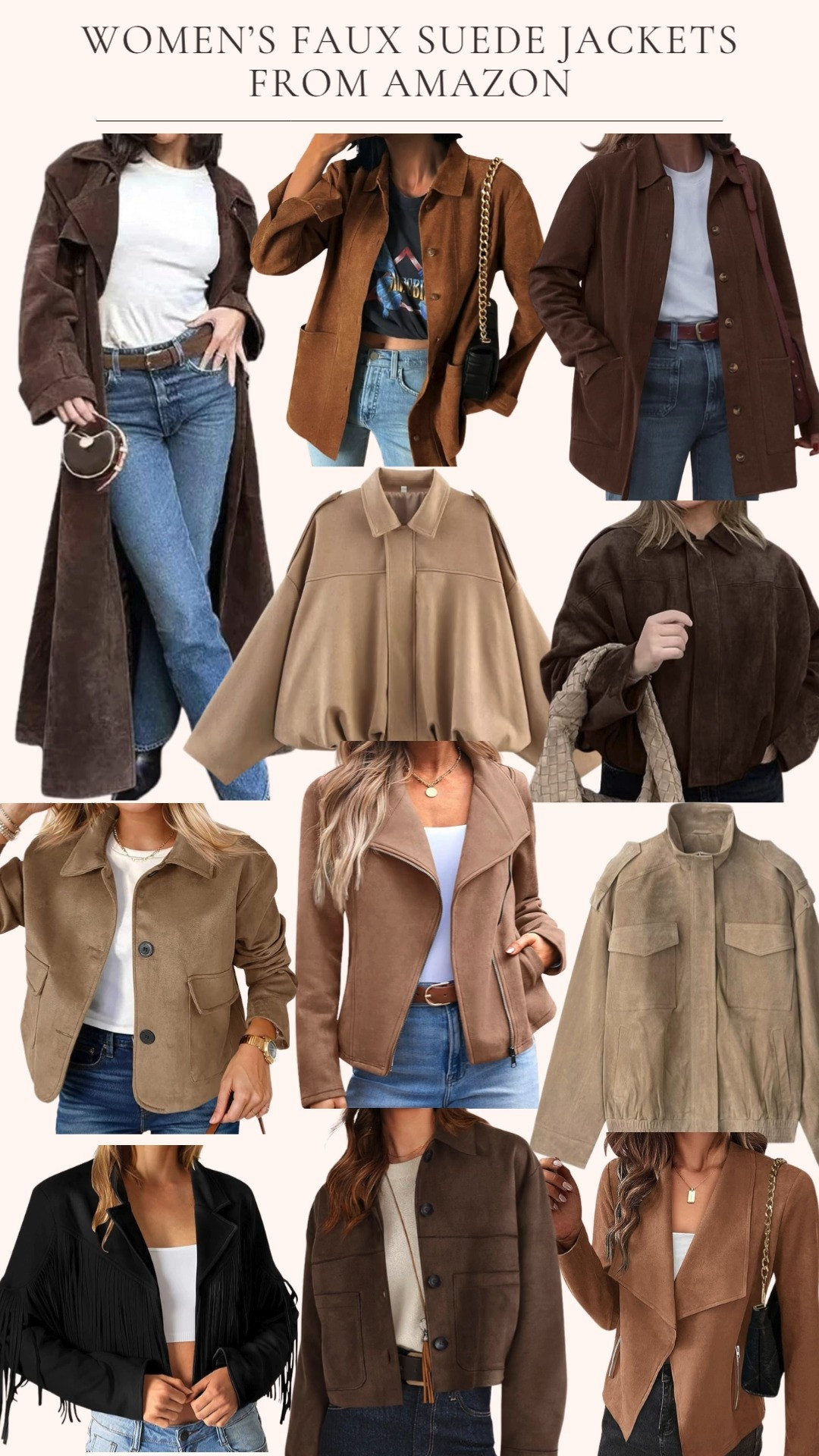 Women's Faux Suede Jackets From Amazon. These are the perfect mix of vintage inspired style and casual cool. From button down shackets to bomber and motorcycle jackets in brown, black, and cognac, these pieces add effortless texture and warmth to any outfit. A fringe or faux suede coat is the statement layer your fall and winter wardrobe needs! 

 #LTKOver40 #LTKFindsUnder50 #LTKStyleTip