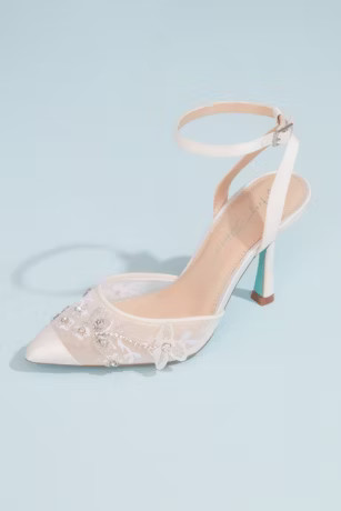 Satin and Mesh Inkblot Heels with Floral Appliques | Davids Bridal