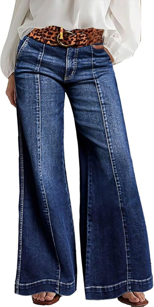 Flamingals Wide Leg Jeans for Women Mid Waist Baggy Stitch Decor Denim Washed Pants Without Belt | Amazon (US)