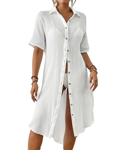 Bsubseach 2025 Cotton Bathing Suit Cover Ups for Women Long Beach Swim Cover Up Button Down Swimsuit Coverups Gauze Swimwear(White M) | Amazon (US)