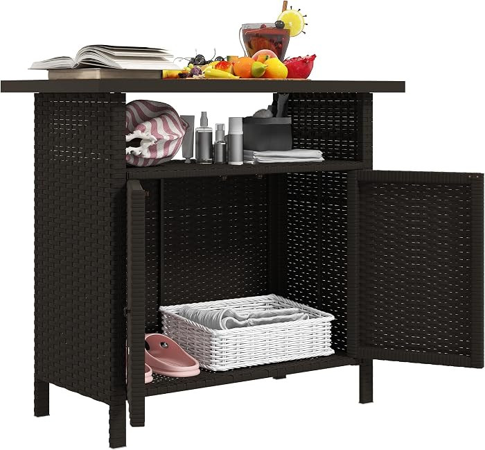 Outsunny Wicker Outdoor Storage Cabinet, Rattan Bar Table with 2 Doors and Shelf, Buffet Sideboar... | Amazon (US)