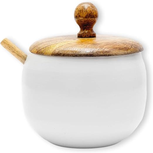 GoCraft Sugar Bowl with Wooden Lid and Spoon for Home and Kitchen, Drum Shape (Shiny White Finish... | Amazon (US)