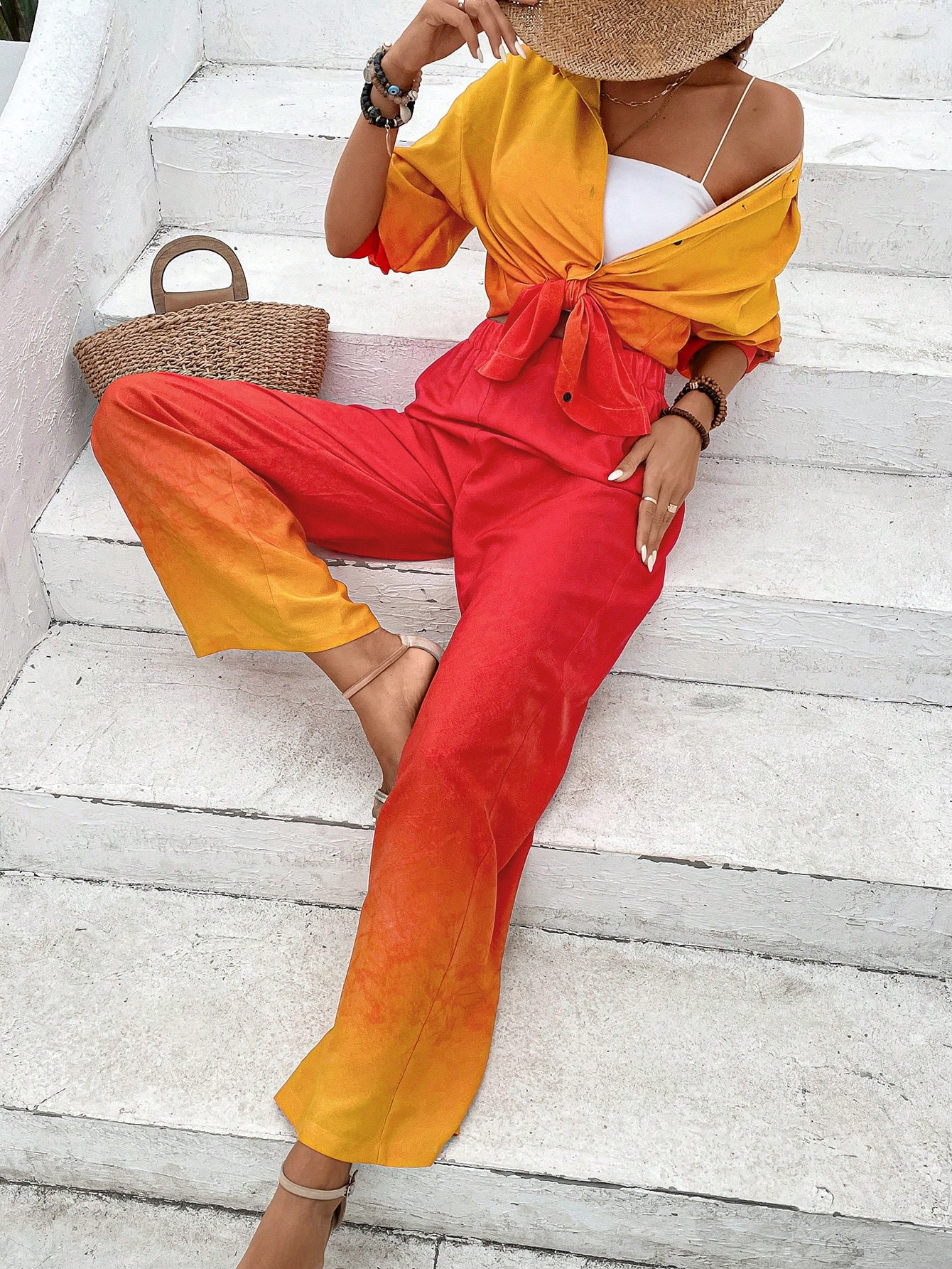 SHEIN VCAY Ombre Drop Shoulder Shirt & Wide Leg Pants | SHEIN
