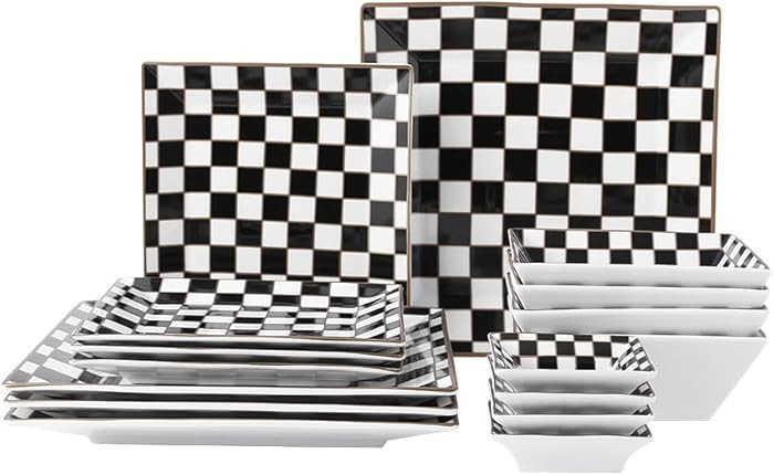 Porlien Checker Porcelain Square Dinnerware Set for 4, Dishes Set for 4 with 3.3-inch Dipping Sau... | Amazon (US)