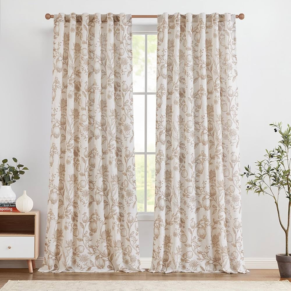 jinchan Linen Curtains Floral Curtains for Living Room 96 Inch Long French Curtains Rod Pocket Light Filtering Toile Print Farmhouse Bedroom Curtains Window Curtain Set, 2 Panels, Brown | Amazon (US)