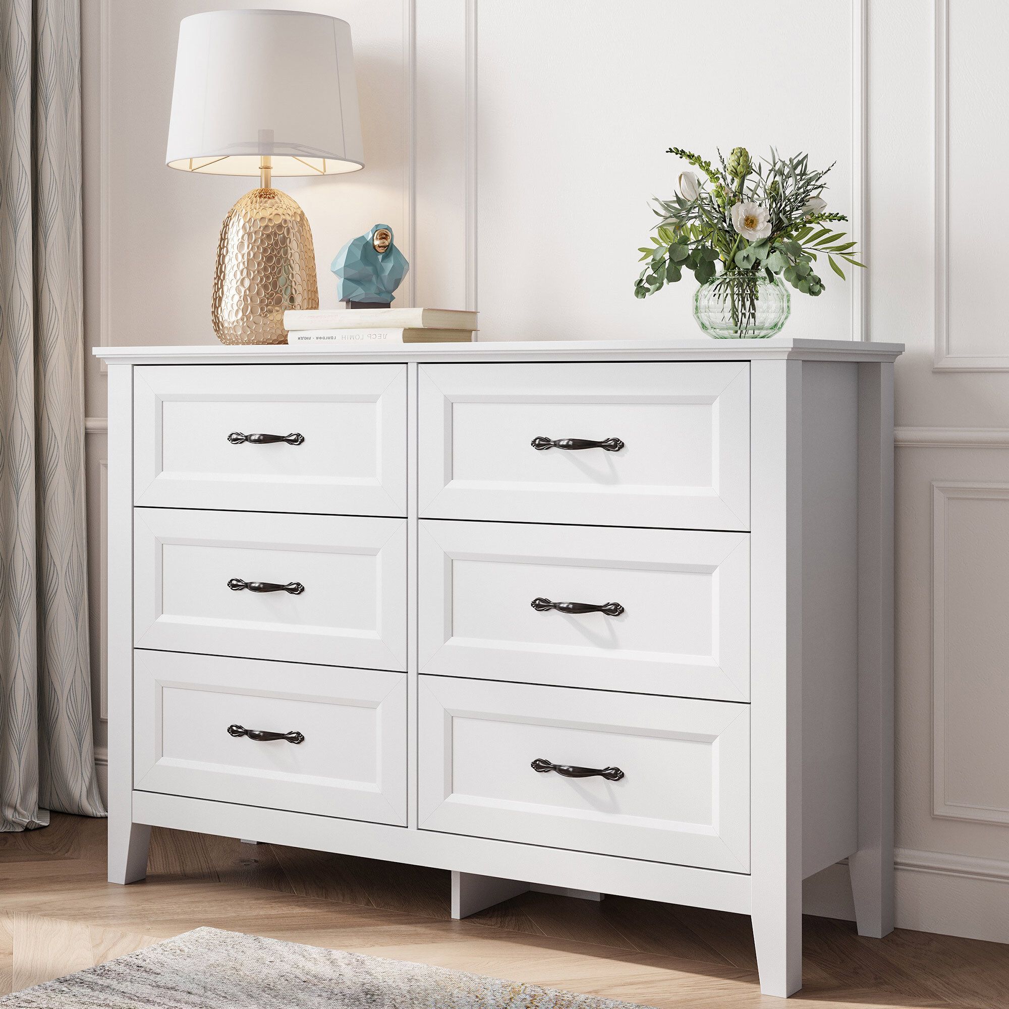 LINSY HOME Dresser for Bedroom, Long Dresser with 6 Drawers and Antique Handles, Chest of Drawers... | Walmart (US)
