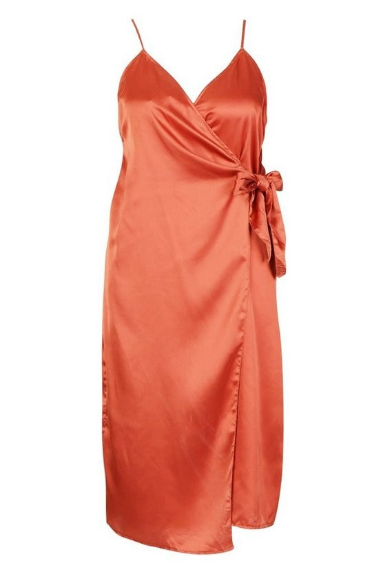 Plus Satin Wrap Tie Detail Slip Midi Dress | Boohoo.com (US & CA)