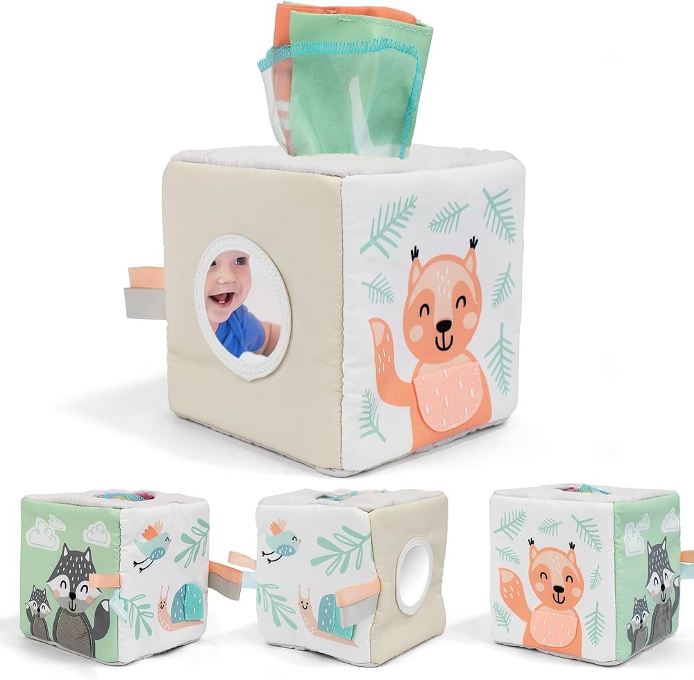 Fun Baby Tissue Box with Stimulating Mirror For Endless Entertainment - Soft Montessori Toy w/ Cr... | Amazon (US)
