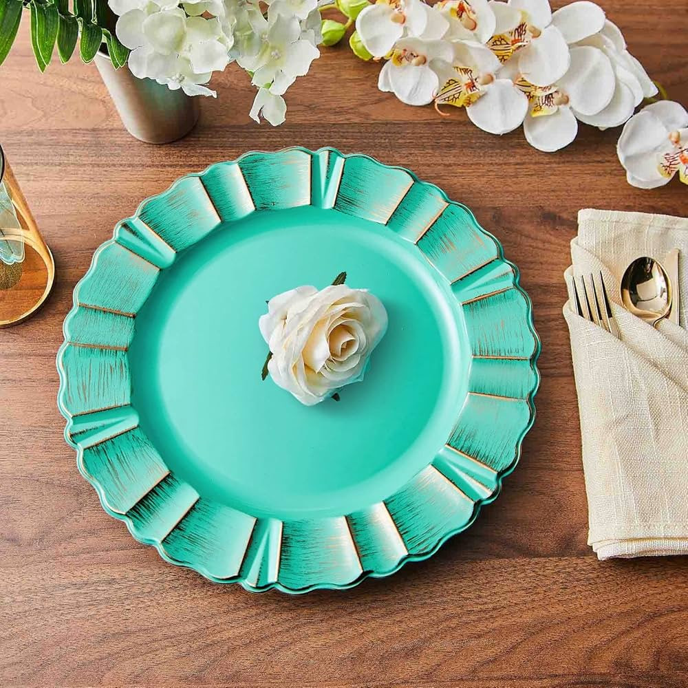 Efavormart Set of 6-13" Round - Turquoise/Gold Plastic Charger Plates With Waved Scalloped Rim fo... | Amazon (US)