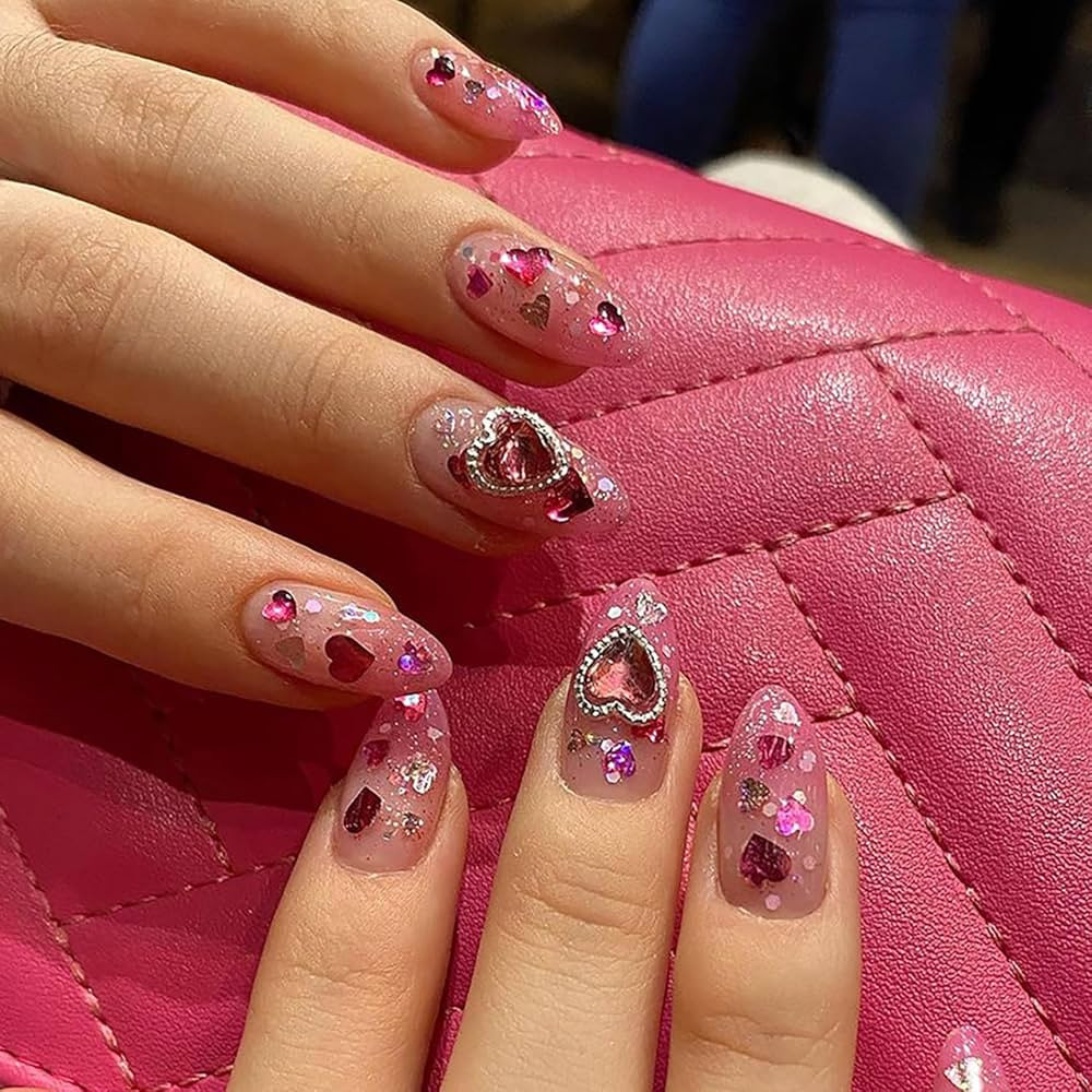 24 Pcs Cute Press on Nails Short Almond Fake Nails Pink Gradient False Nails with Heart Designs R... | Amazon (US)