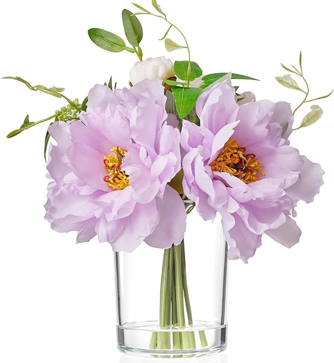 WELL KNOWN Silk Peony Artificial Flowers with Vase，Silk Fake Flower Bouquets in Vase with Fake ... | Amazon (US)