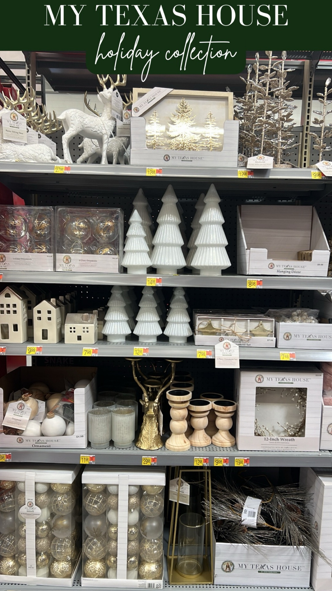 My Texas House Holiday Collection | white and gold holiday decor | Christmas decor | holiday decor | winter decor | winter art | Christmas village | ornaments | Christmas tree | Walmart 