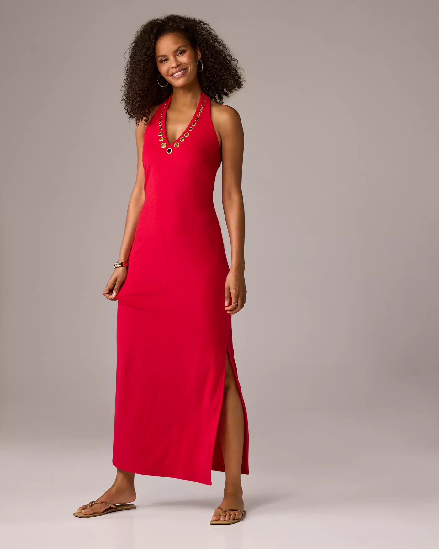Beach Terry Grommet Detail Halter Maxi Dress - Tomato Red | Boston Proper | Boston Proper