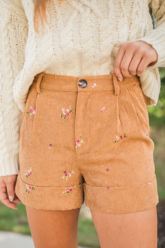 So Glad We're Buds Brown Floral Embroidered Corduroy Shorts | Pink Lily