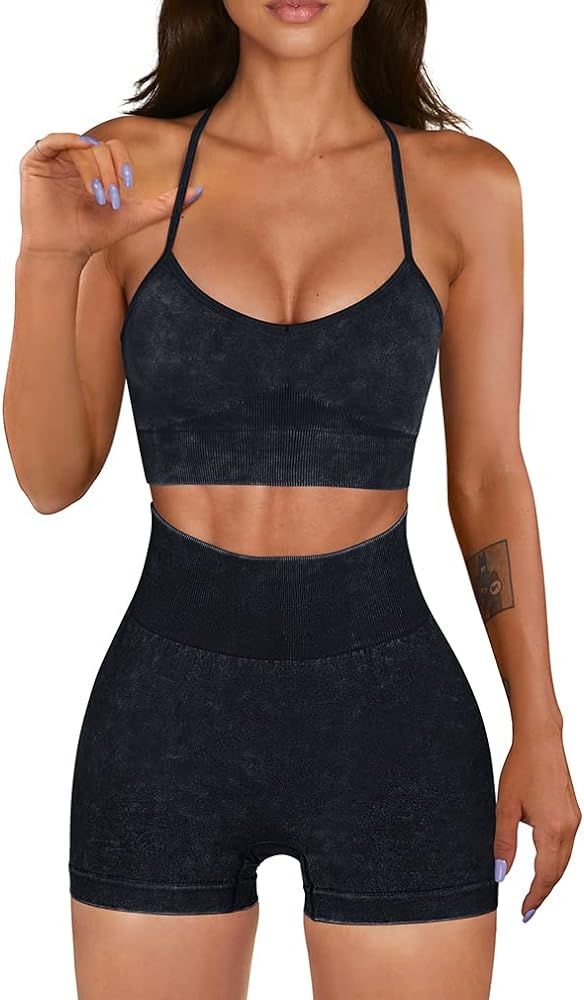 OQQ Workout Outfit for Women 2 Piece Seamless Acid Wash High Waist Shorts With Sports Bra Exercise S | Amazon (US)