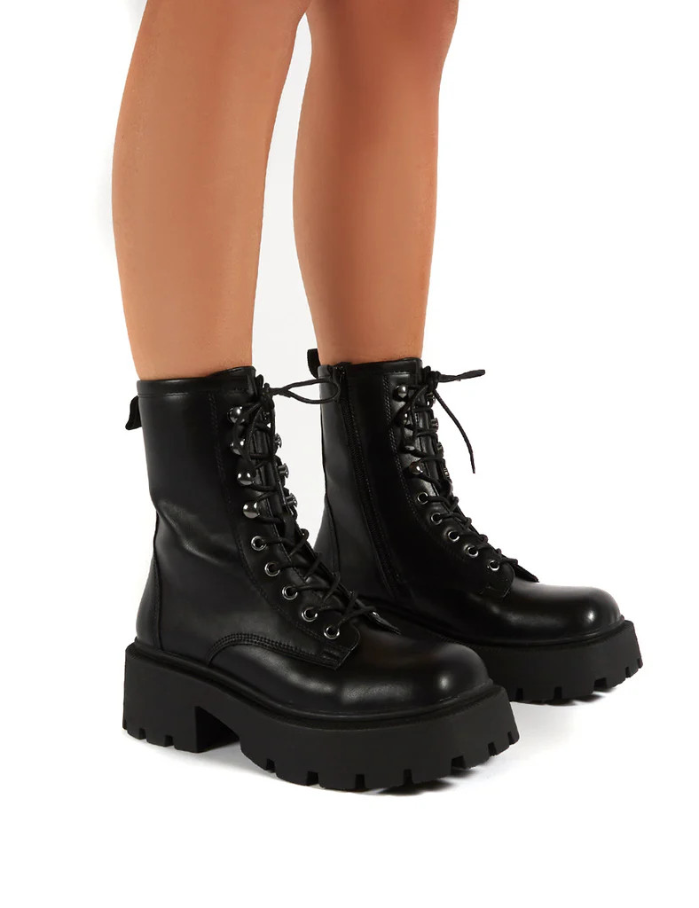 Leader Black Lace Up Chunky Sole Biker Boots | Public Desire