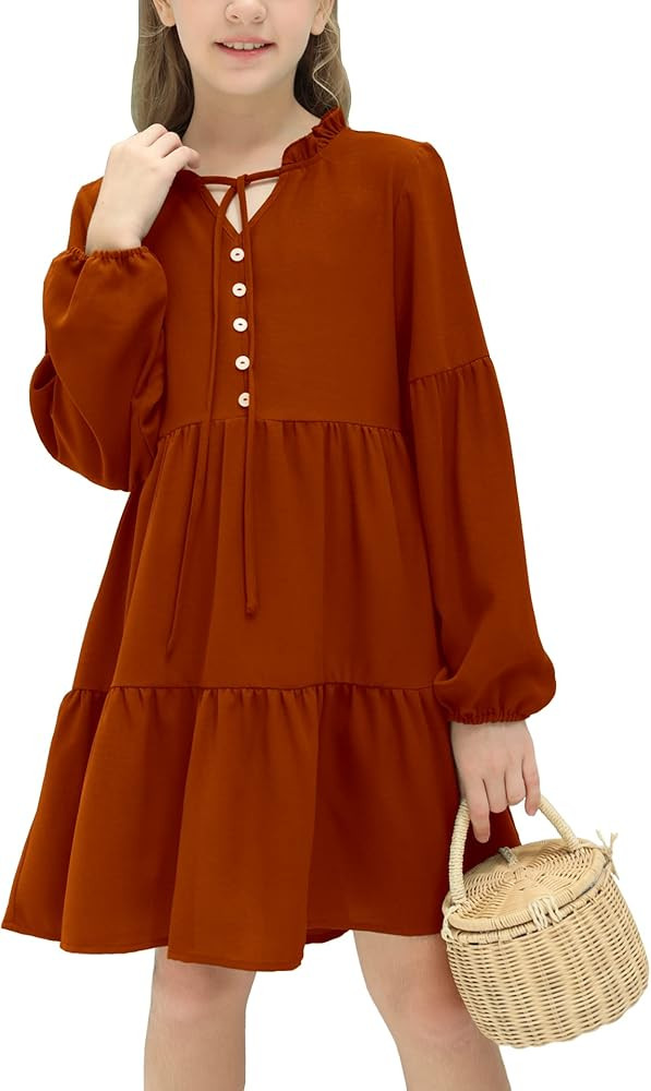 simtuor Girls' Long Sleeve Dress Ruffle Collar V Neck Button-Down Solid Casual A-Line Midi Dresse... | Amazon (US)