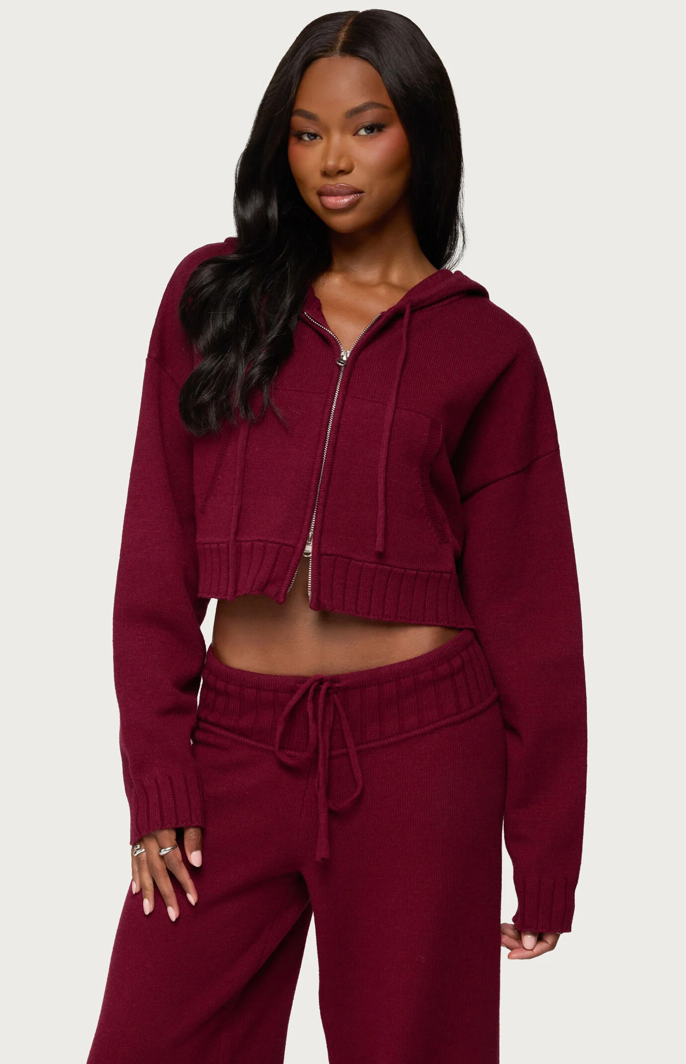 Edikted Women's Russell Knit Hooded Cardigan in Burgundy - Size Medium | PacSun