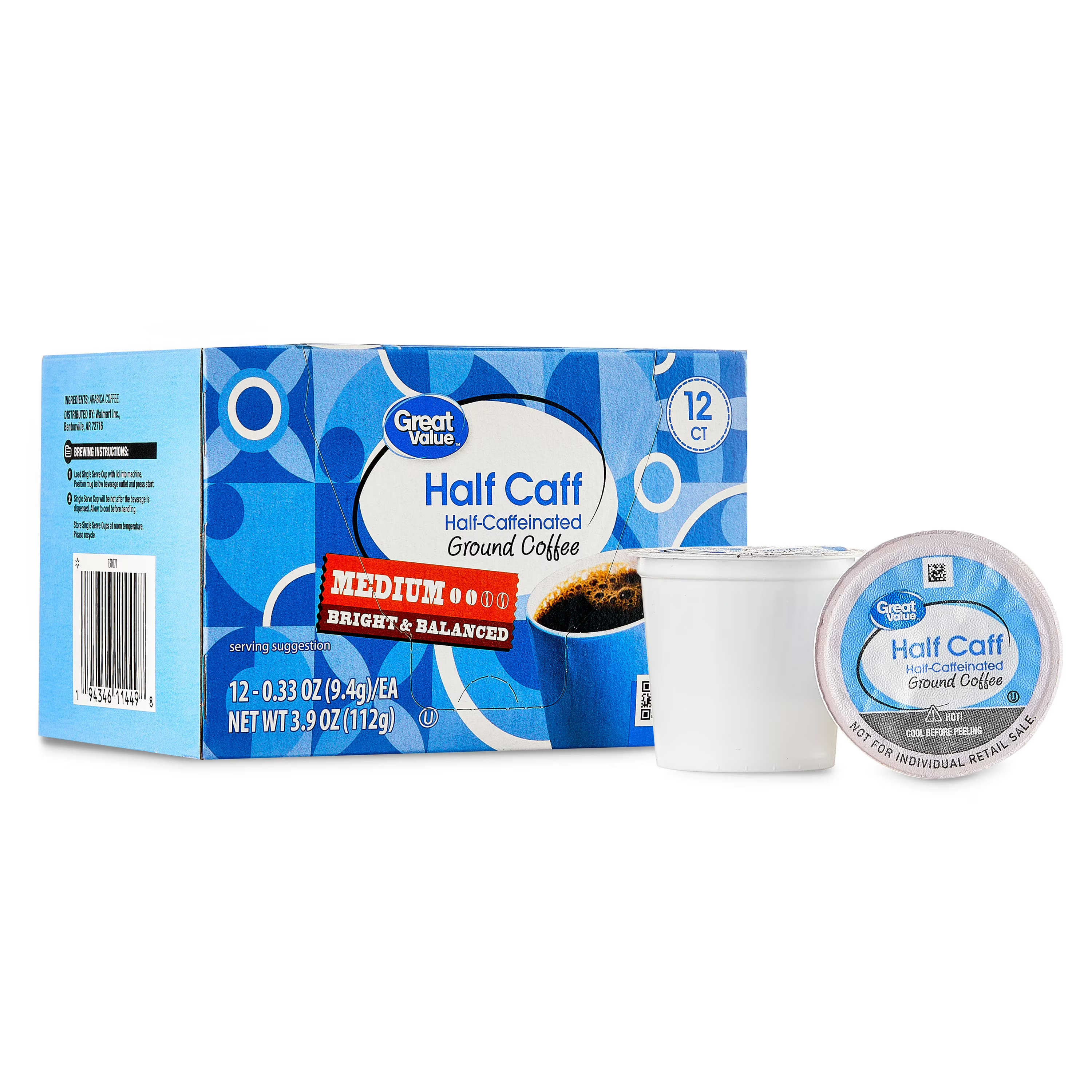 Great Value Arabica Half Caff Medium Roast Ground Coffee Pods, 12 Count - Walmart.com | Walmart (US)