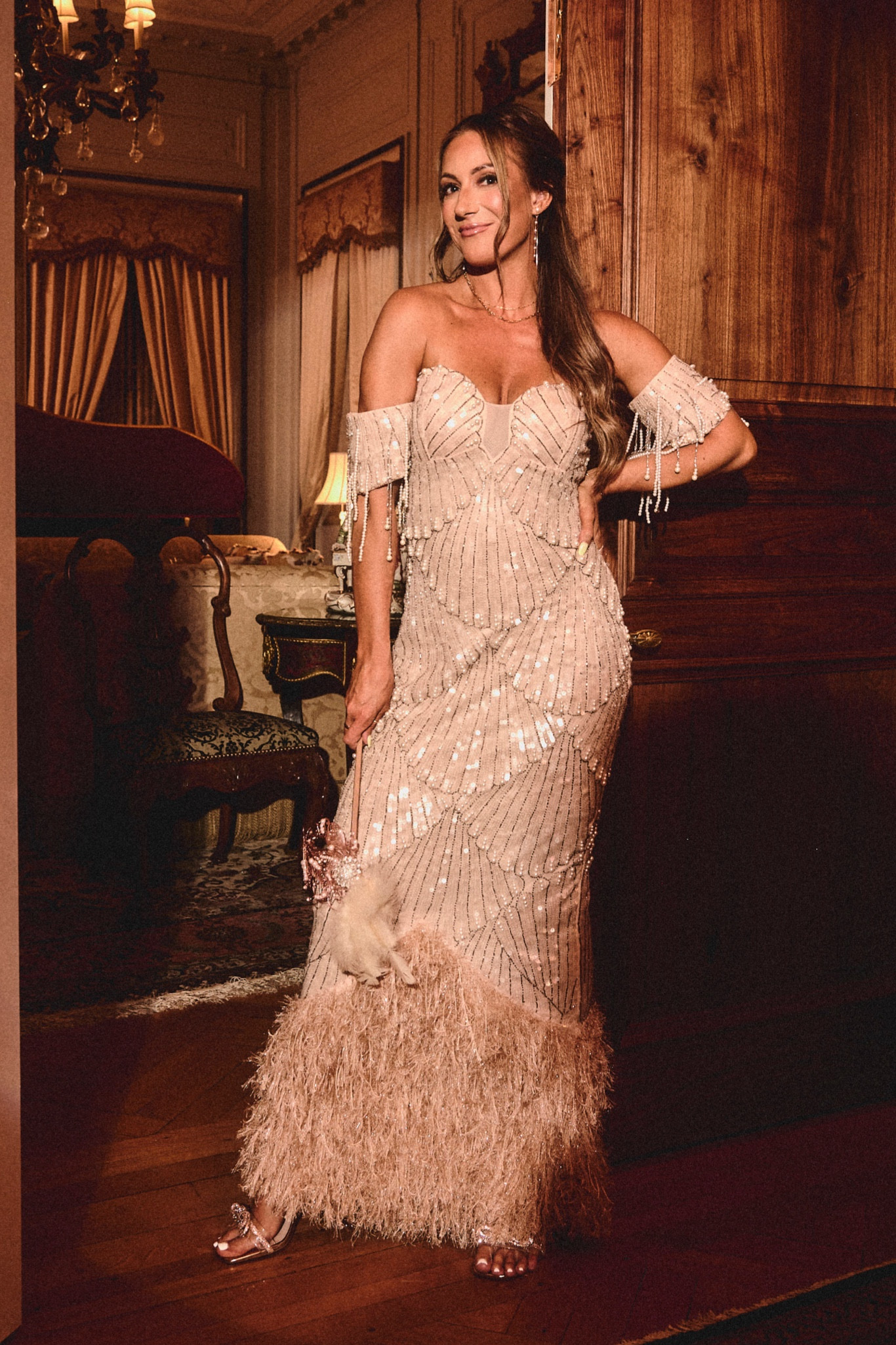 accessories for rose gold dress ANDREA & LEO A1338 Strapless Beaded Gown With Bow Sleeve Accessories – The  Gown Galleria