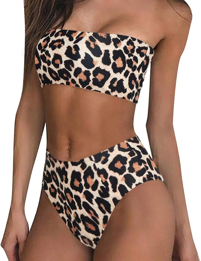 RUUHEE Women High Cut Bandeau Tropical Leaf Printed Strapless Swimsuits Bikini Set | Amazon (US)