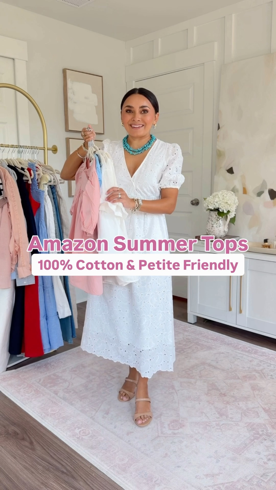 Amazon Summer Tops 100% Cotton!
For reference: I’m 5’0, petite, 32b bra size, and 2/26 in bottoms, pear shaped. 
*Everything I share is unaltered! TTS means true to size. Between size 5-6.5 in shoes

White top size small TTS
Denim shorts size 26 petite TTS
Brown sandals are Hermes, similar linked

Blue top size small TTS
White jeans size 0 petite - I size down a size in this brand
Clear sandals size 5 TTS

Brown gingham top size xs TTS
Brown cocoa bliss color linen pants size xs petite TTS
Clear sandals size 5 TTS

White flowy top size xs TTS
Olive green linen pants size xs, 28” inseam TTS
Clear sandals size 5 TTS

Light pink top size xs TTS
Jeans size 0 petite - I size down a size in this brand
Clear sandals size 5 TTS

White dress size xs TTS 

#LTKootd #LTKgrwm #LTKPetite