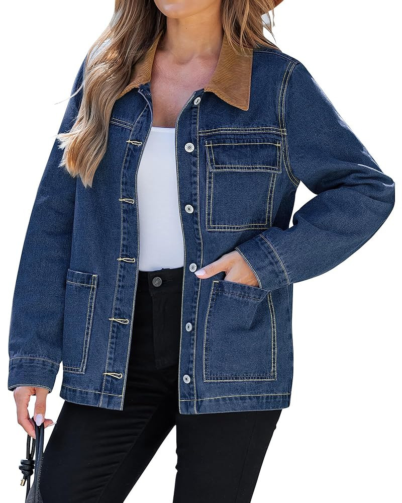 luvamia Jean Jacket Women Trendy Button Down Contrast Corduroy Collar Casual Loose Fit Denim Barn... | Amazon (US)