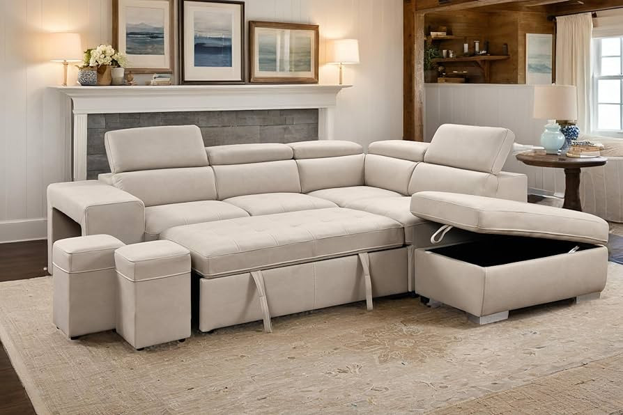 104'' Microfiber L Shape Sleeper Sectional Couch with Pullout Bed and Ottoman Storage. Convertibl... | Amazon (US)