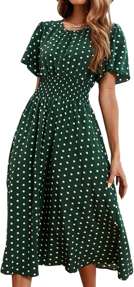 Verdusa Women's Polka Dots Print Short Sleeve Shirred A Line Flared Midi Dress | Amazon (US)