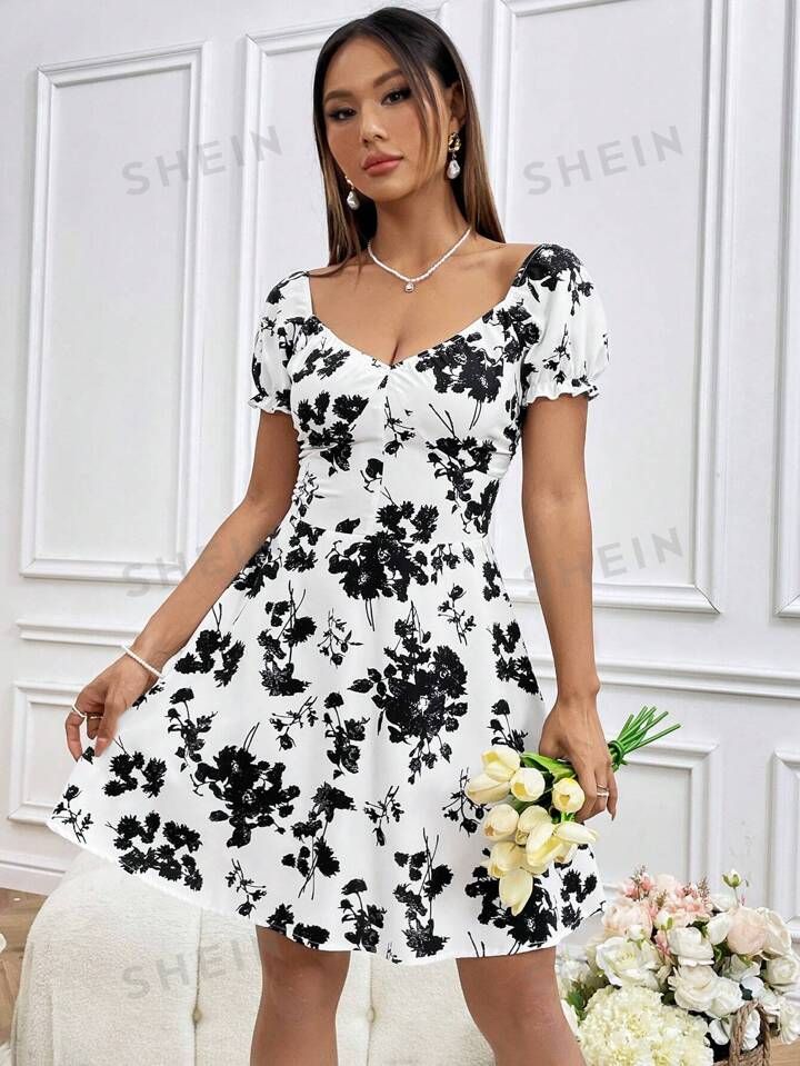 SHEIN WYWH Floral Printed Sweetheart Neckline Dress | SHEIN
